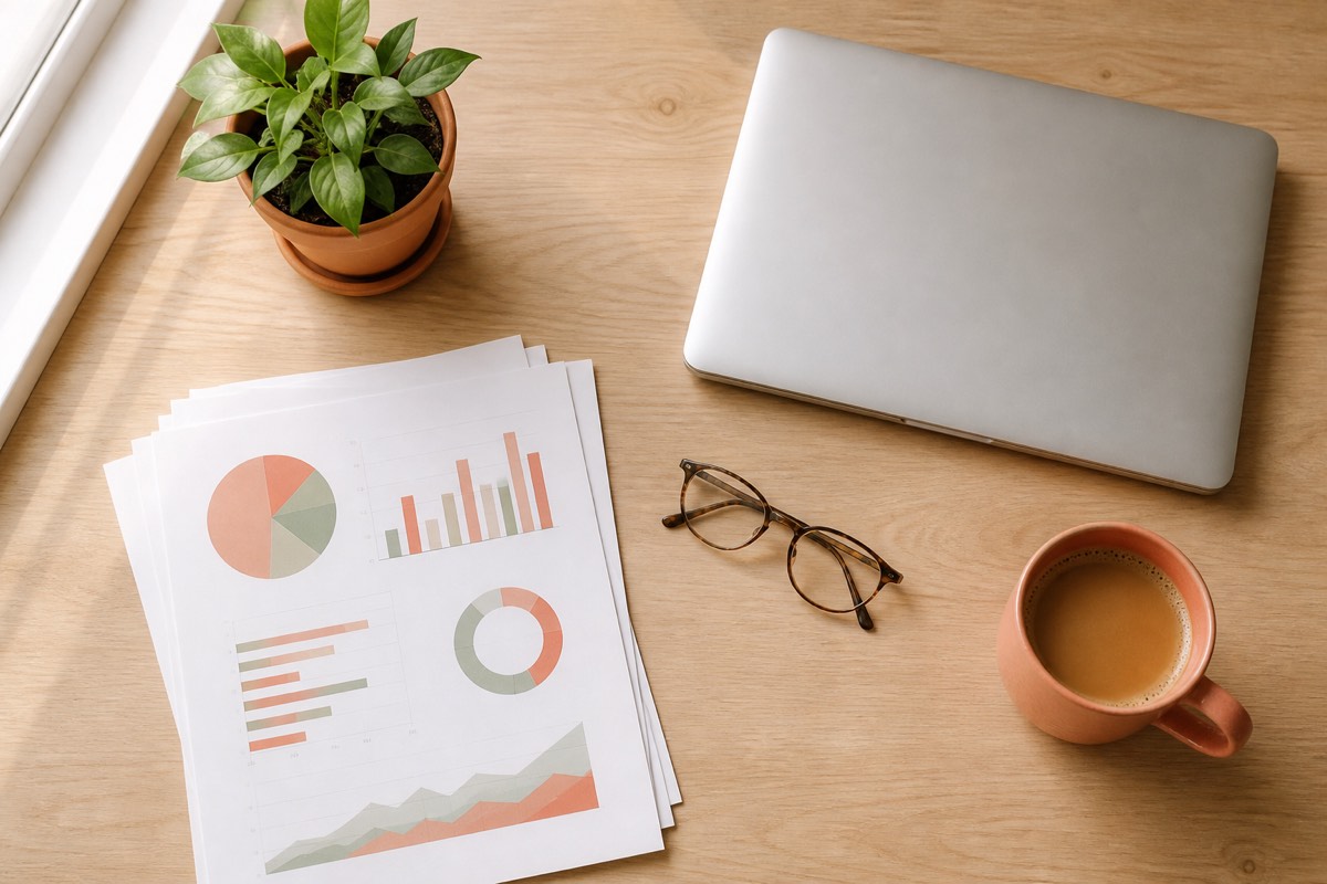 A desk with printed reports, a laptop, glasses and a coffee cup