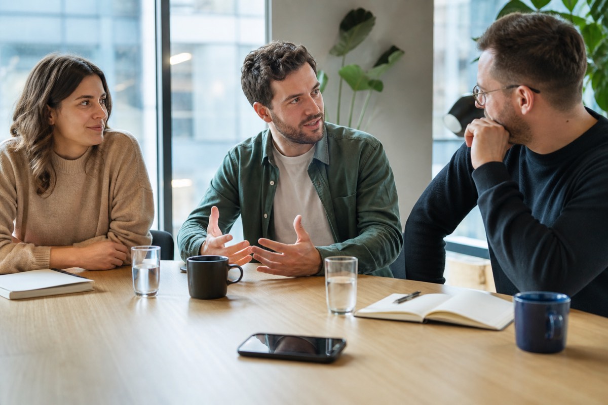 Three colleagues talking around a meeting table with a phone recording between them